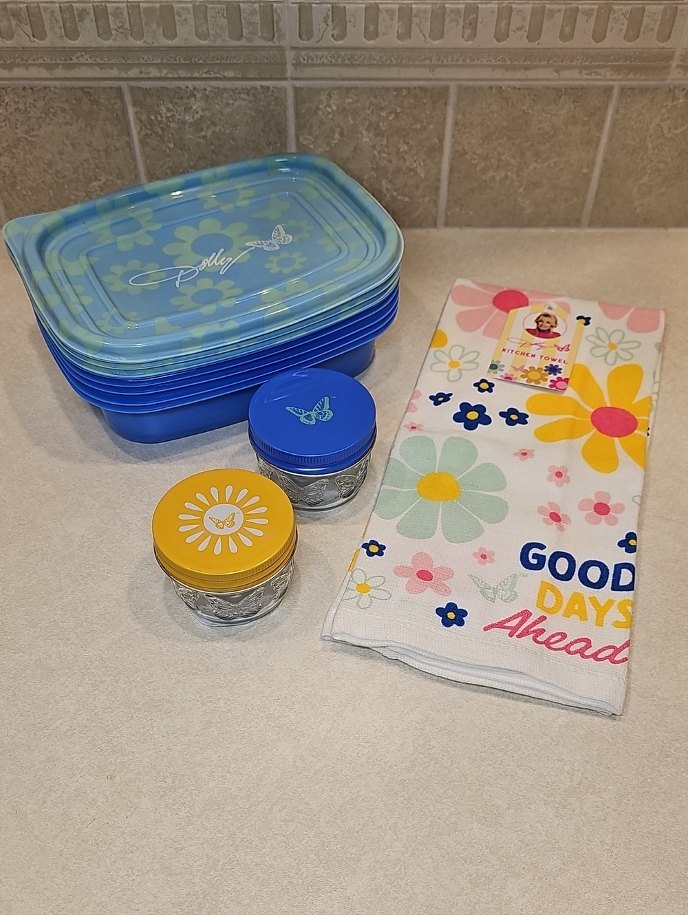 Dolly Parton Set Of Summer Floral Food Containers Kitchen Towel 2 Butterfly Jars